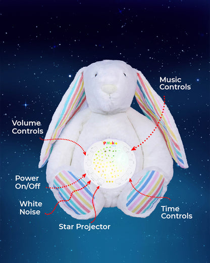 Pinokio Dreamy Light Projector-Washable Bunny Plush Soft Toy with Soothing Night Light, Star Projection-10 Melodies & Volume Control-Safe & Durable-Musical Toy-White