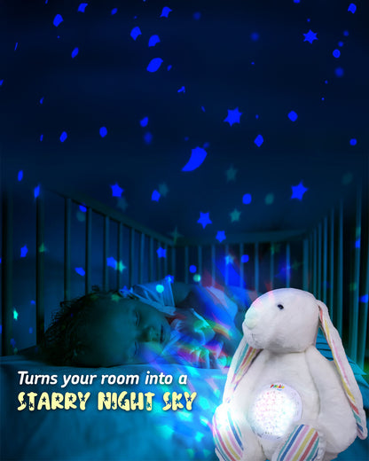 Pinokio Dreamy Light Projector-Washable Bunny Plush Soft Toy with Soothing Night Light, Star Projection-10 Melodies & Volume Control-Safe & Durable-Musical Toy-White