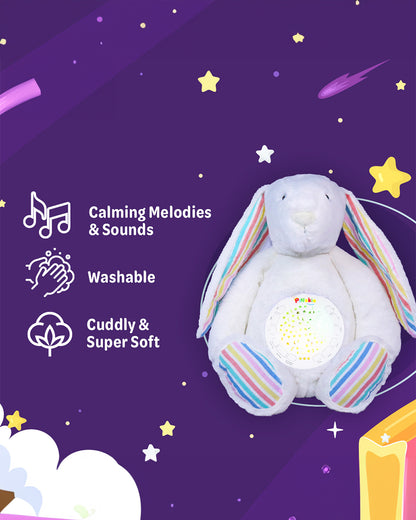 Pinokio Dreamy Light Projector-Washable Bunny Plush Soft Toy with Soothing Night Light, Star Projection-10 Melodies & Volume Control-Safe & Durable-Musical Toy-White