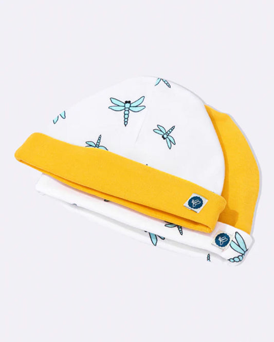 Cotton Bug White & Yellow Caps-Dragonfly-Organic Cotton-Pack of 2-Free Size