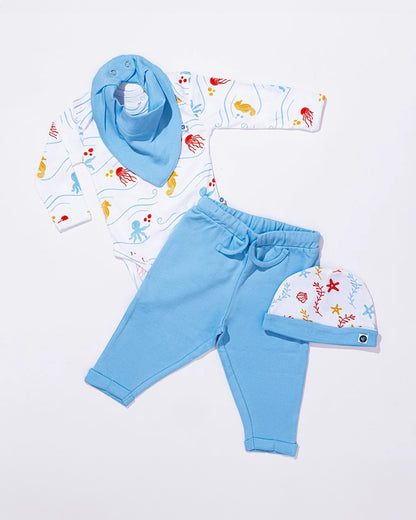 Cotton Bug White & Multicolor Sleepsuits with Bibs & Caps-Organic Cotton-Sea World-For Infants