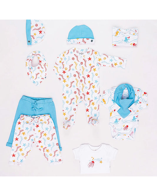 Cotton Bug White & Multicolor Sleepsuits with Bibs & Caps-Organic Cotton-Sea World-For Infants