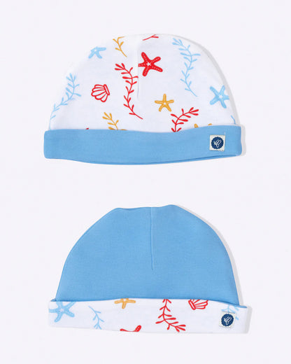 Cotton Bug White & Blue Caps-Sea World-Organic Cotton-Pack of 2-Free Size