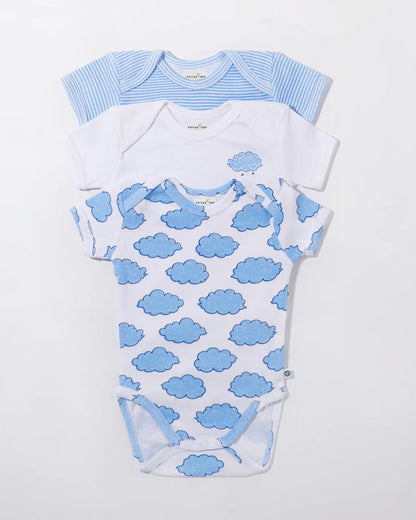 Cotton Bug White & Blue Bodysuit-Cloud-Organic Cotton-Half Sleeves-Pack Of 3-For Infants