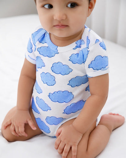 Cotton Bug White & Blue Bodysuit-Cloud-Organic Cotton-Half Sleeves-Pack Of 3-For Infants