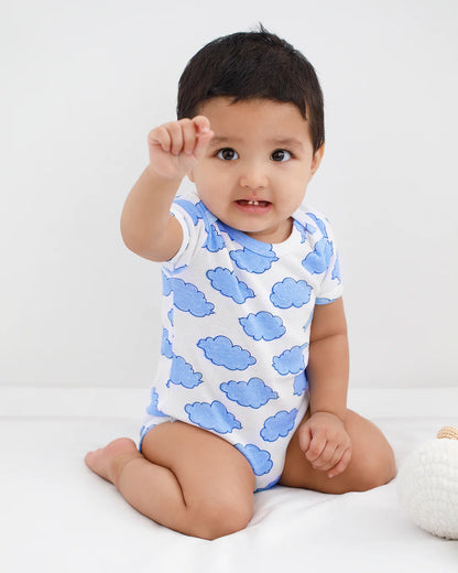 Cotton Bug White & Blue Bodysuit-Cloud-Organic Cotton-Half Sleeves-Pack Of 3-For Infants