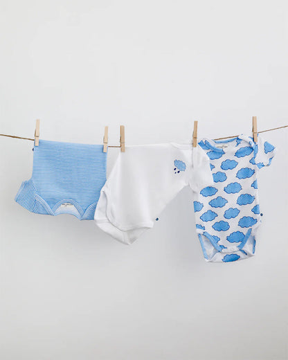 Cotton Bug White & Blue Bodysuit-Cloud-Organic Cotton-Half Sleeves-Pack Of 3-For Infants