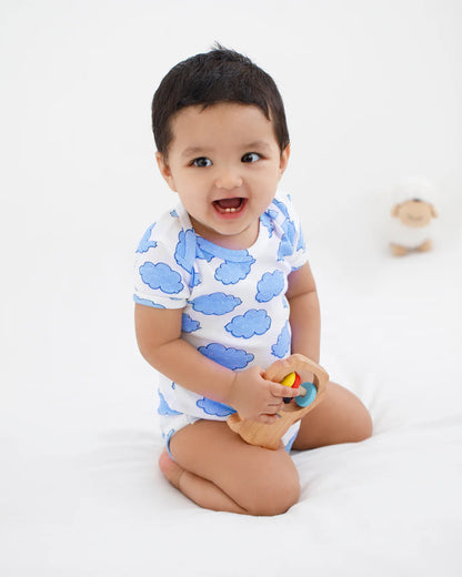 Cotton Bug White & Blue Bodysuit-Cloud-Organic Cotton-Half Sleeves-Pack Of 3-For Infants