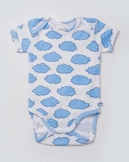 Cotton Bug White & Blue Bodysuit-Cloud-Organic Cotton-Half Sleeves-Pack Of 3-For Infants