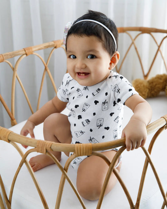 Cotton Bug White & Black Bodysuit-Milk-Organic Cotton-Half Sleeves-Pack of 3-For Infants