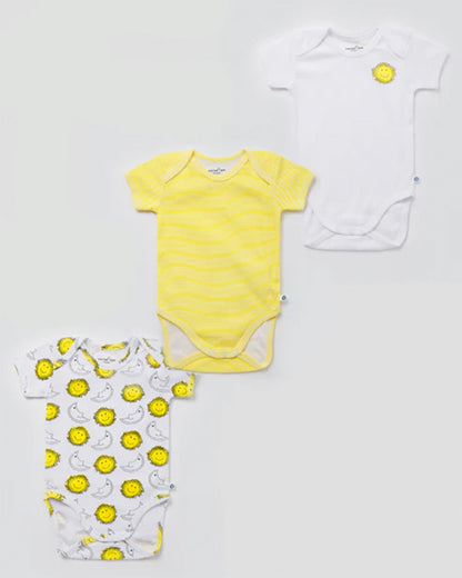 Cotton Bug White & Yellow Bodysuit-Sun & Moon-Organic Cotton-Half Sleeves-Pack Of 3-For Infants