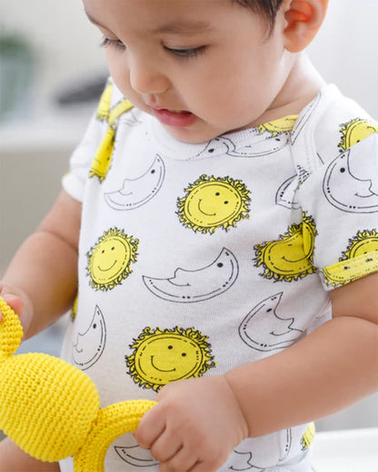 Cotton Bug White & Yellow Bodysuit-Sun & Moon-Organic Cotton-Half Sleeves-Pack Of 3-For Infants