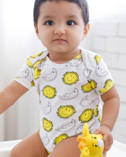 Cotton Bug White & Yellow Bodysuit-Sun & Moon-Organic Cotton-Half Sleeves-Pack Of 3-For Infants