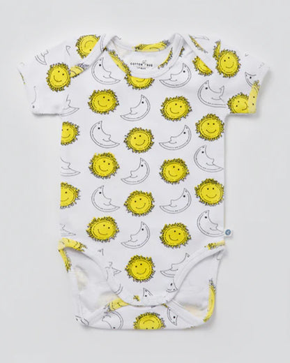 Cotton Bug White & Yellow Bodysuit-Sun & Moon-Organic Cotton-Half Sleeves-Pack Of 3-For Infants