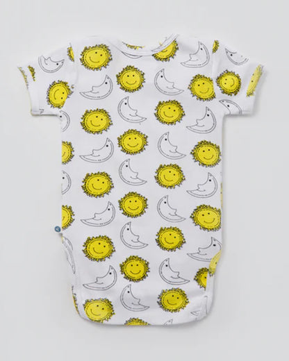 Cotton Bug White & Yellow Bodysuit-Sun & Moon-Organic Cotton-Half Sleeves-Pack Of 3-For Infants