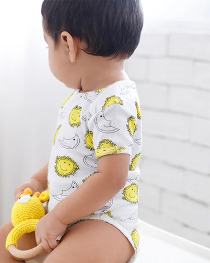 Cotton Bug White & Yellow Bodysuit-Sun & Moon-Organic Cotton-Half Sleeves-Pack Of 3-For Infants