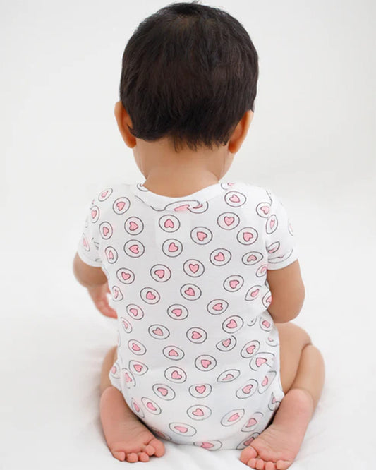 Cotton Bug White & Pastel Pink Bodysuit-Hearts-Organic Cotton-Half Sleeves-Pack of 3-For Infants