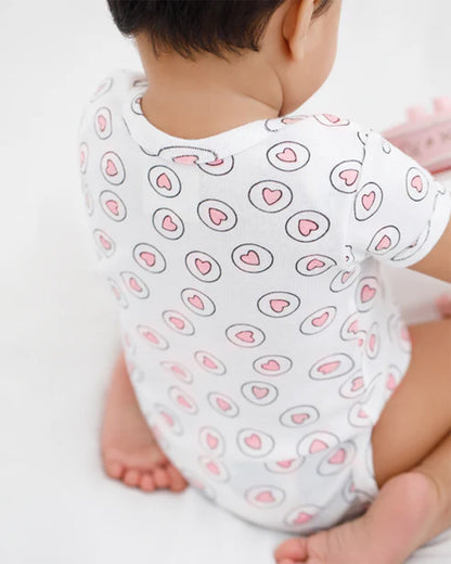 Cotton Bug White & Pastel Pink Bodysuit-Hearts-Organic Cotton-Half Sleeves-Pack of 3-For Infants