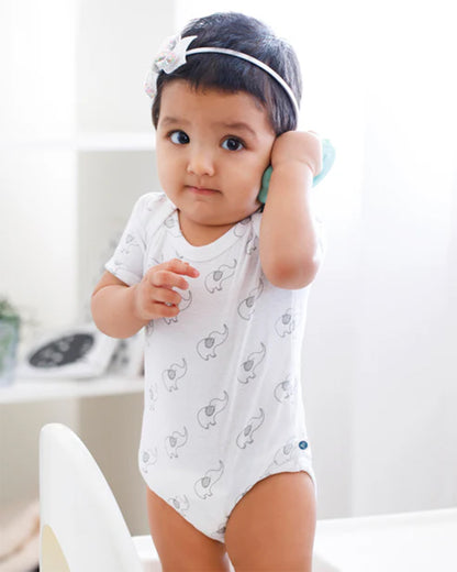 Cotton Bug White Bodysuit-Elephant-Organic Cotton-Half Sleeves-Pack of 3-For Infants