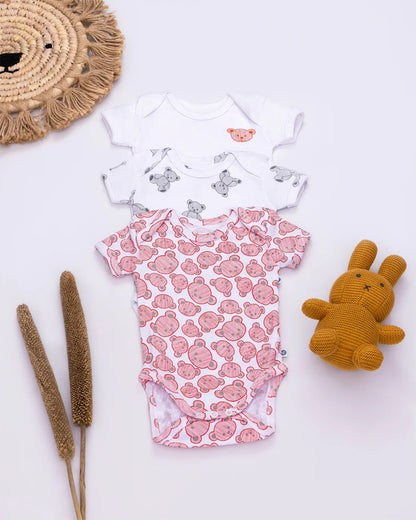 Cotton Bug White & Pink Bodysuit-Teddy-Organic Cotton-Half Sleeves-Pack of 3-For Infants