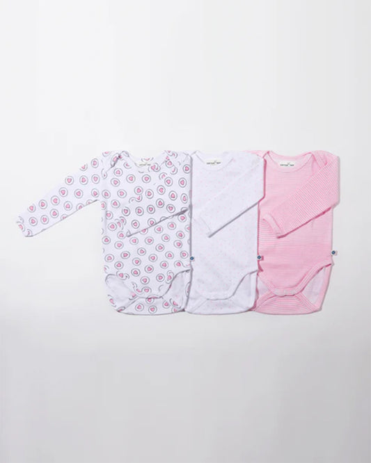 Cotton Bug White & Pastel Pink Bodysuit-Hearts-Organic Cotton-Full Sleeves-Pack of 3-For Infants