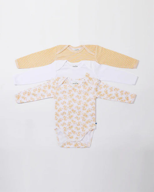 Cotton Bug White & Yellow Bodysuit-Printed-Organic Cotton-Full Sleeves-Pack of 3-For Infants