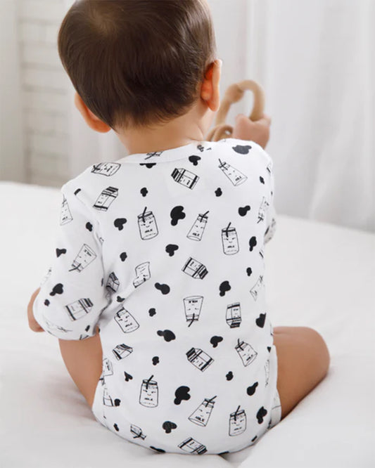 Cotton Bug White & Black Bodysuit-Milk-Organic Cotton-Full Sleeves-Pack of 3-For Infants