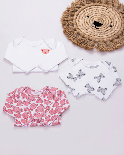 Cotton Bug White & Multicolor Bodysuit Sets with Caps-Organic Cotton-Teddy-Pack of 3-For Infants