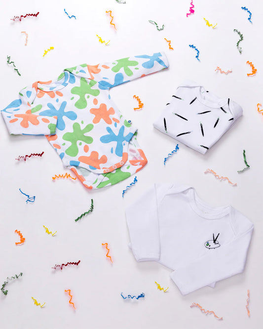 Cotton Bug White & Multicolor Bodysuit Sets with Caps-Organic Cotton-Art Splash-Pack of 3-For Infants