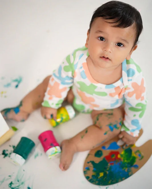 Cotton Bug White & Multicolor Bodysuit Sets with Caps-Organic Cotton-Art Splash-Pack of 3-For Infants