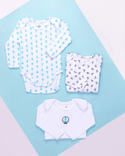 Cotton Bug White & Multicolor Bodysuit Sets with Caps-Organic Cotton-Anchor-Pack of 3-For Infants