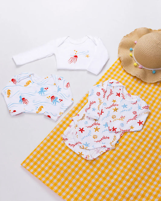 Cotton Bug White & Multicolor Bodysuit Sets with Caps-Organic Cotton-Sea World-Pack of 3-For Infants