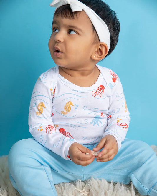 Cotton Bug White & Multicolor Bodysuit Sets with Caps-Organic Cotton-Sea World-Pack of 3-For Infants