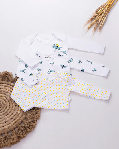 Cotton Bug White Bodysuit-Dragonfly-Organic Cotton-Full Sleeves-Pack Of 3-For Infants