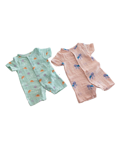 Tickle Tickle Peach & Sea Green Romper-Toby Turtle & Lil Octy-GOTS Certified Organic Cotton-Pack of 2-For Infants