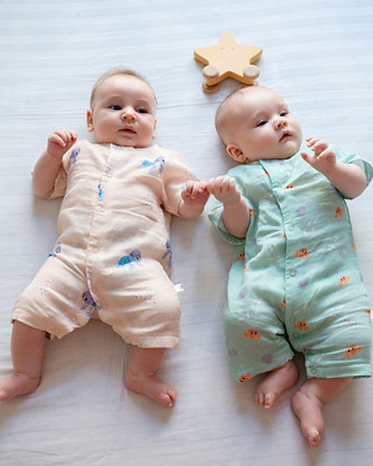 Tickle Tickle Peach & Sea Green Romper-Toby Turtle & Lil Octy-GOTS Certified Organic Cotton-Pack of 2-For Infants