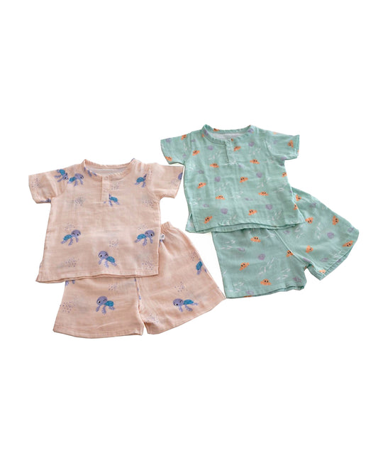 Tickle Tickle Peach & Sea Green T-shirt & Shorts Set-Toby Turtle & Lil Octy-GOTS Certified Organic Cotton-Pack Of 2-For Infants