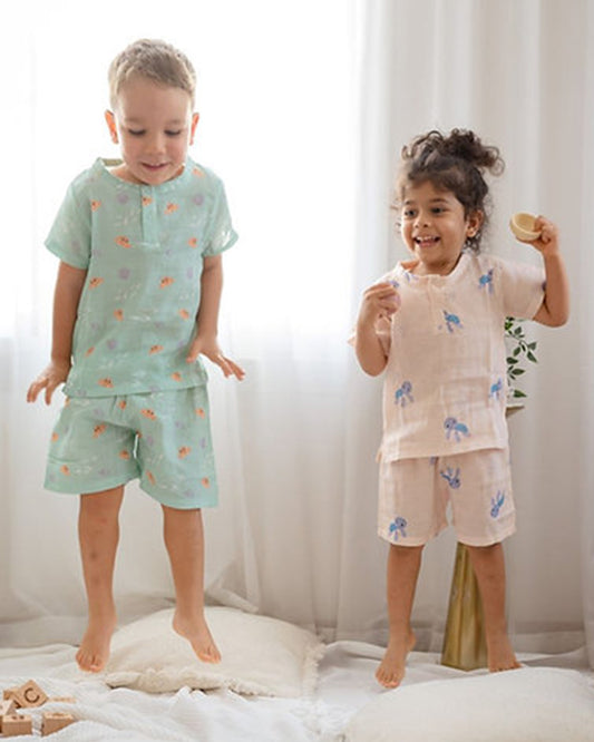 Tickle Tickle Peach & Sea Green T-shirt & Shorts Set-Toby Turtle & Lil Octy-GOTS Certified Organic Cotton-Pack Of 2-For Infants