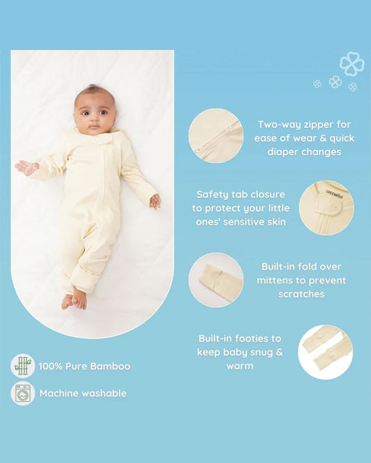 Greendigo Off White Sleepsuit-Vanilla Clouds-100% Pure Bamboo-For Infants