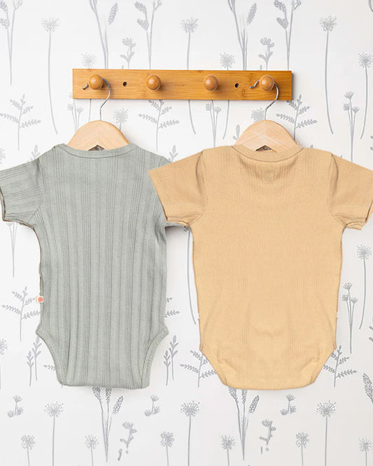 Greendigo Beige & Light Grey Bodysuits-Olive-100% GOTS Certified Organic Cotton-Pack of 2-For Infants