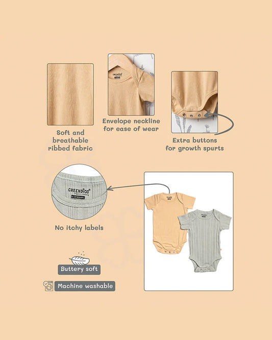 Greendigo Beige & Light Grey Bodysuits-Olive-100% GOTS Certified Organic Cotton-Pack of 2-For Infants