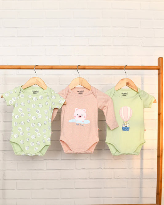 Greendigo Lime & Peach Bodysuits-Animal Kingdom-100% GOTS Certified Organic Cotton-Pack Of 3-For Infants