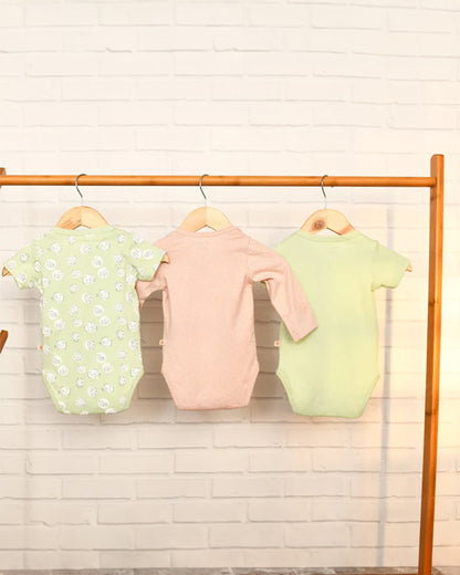 Greendigo Lime & Peach Bodysuits-Animal Kingdom-100% GOTS Certified Organic Cotton-Pack Of 3-For Infants