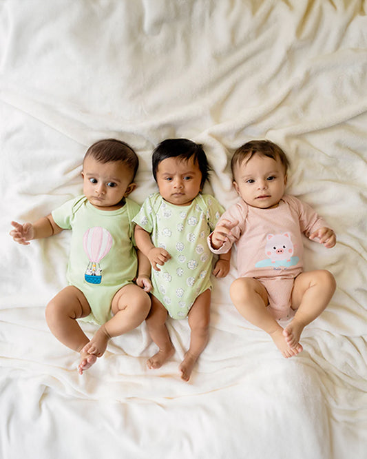 Greendigo Lime & Peach Bodysuits-Animal Kingdom-100% GOTS Certified Organic Cotton-Pack Of 3-For Infants