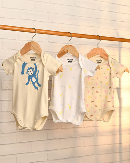 Greendigo White & Cream Bodysuits-Furry Kingdom-100% GOTS Certified Organic Cotton-Pack Of 3-For Infants