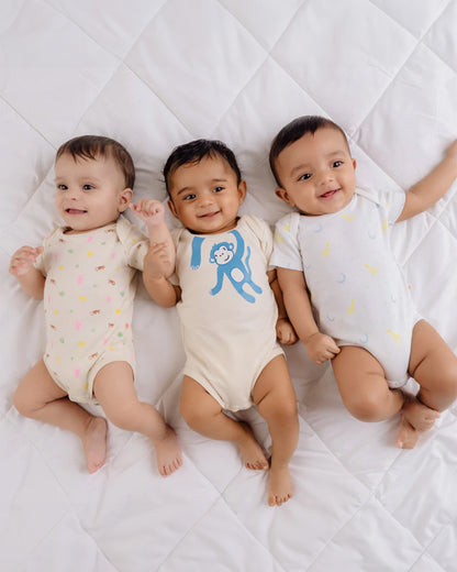 Greendigo White & Cream Bodysuits-Furry Kingdom-100% GOTS Certified Organic Cotton-Pack Of 3-For Infants