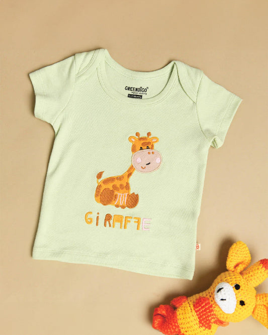 Greendigo Pastel Green T-shirts-Giffy Giraffe-100% GOTS Certified Organic Cotton-For Infants