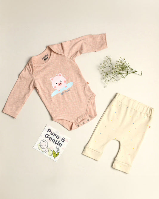 Greendigo Peach & Off White Bodysuit Set-Piggy Splash-100% GOTS Certified Organic Cotton-For Infants