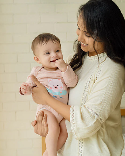 Greendigo Peach & Off White Bodysuit Set-Piggy Splash-100% GOTS Certified Organic Cotton-For Infants