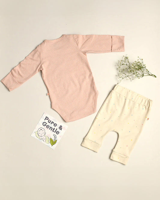 Greendigo Peach & Off White Bodysuit Set-Piggy Splash-100% GOTS Certified Organic Cotton-For Infants